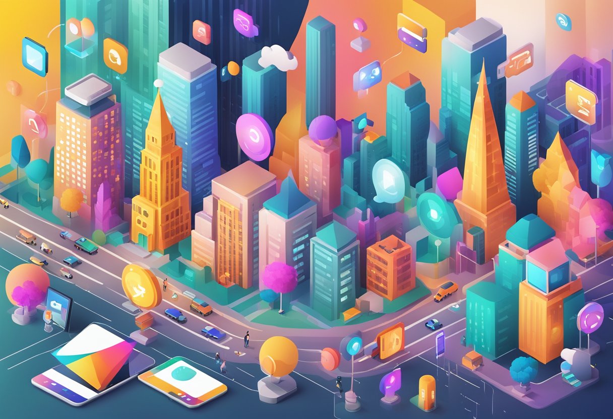 Content Marketing Trends for 2025: What You Need to Know to Stay Ahead 1 A vibrant cityscape with various digital devices and platforms, surrounded by colorful icons and symbols representing different content marketing trends