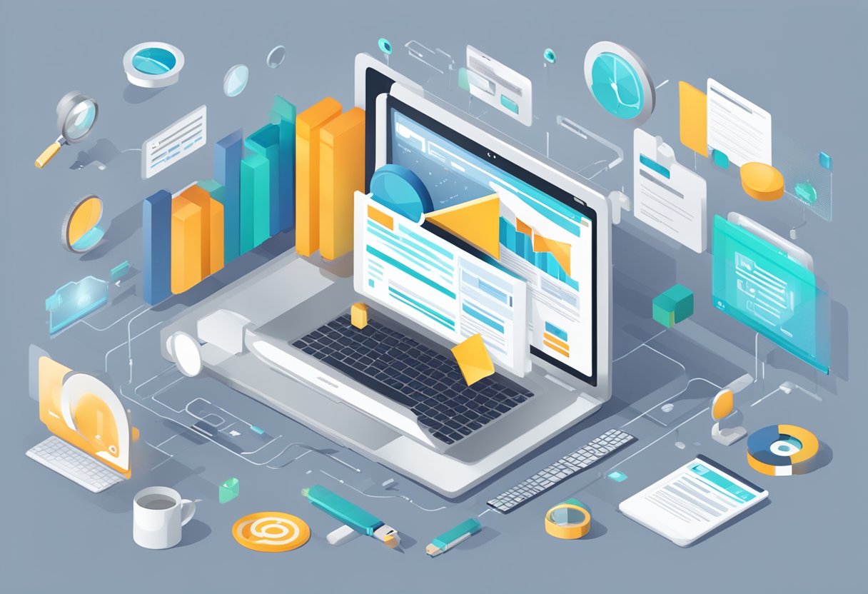 Website SEO Strategies: 7 Cutting-Edge Tactics for 2025 Success 1 A laptop with a magnifying glass hovering over a website, surrounded by various SEO elements like keywords, backlinks, and content