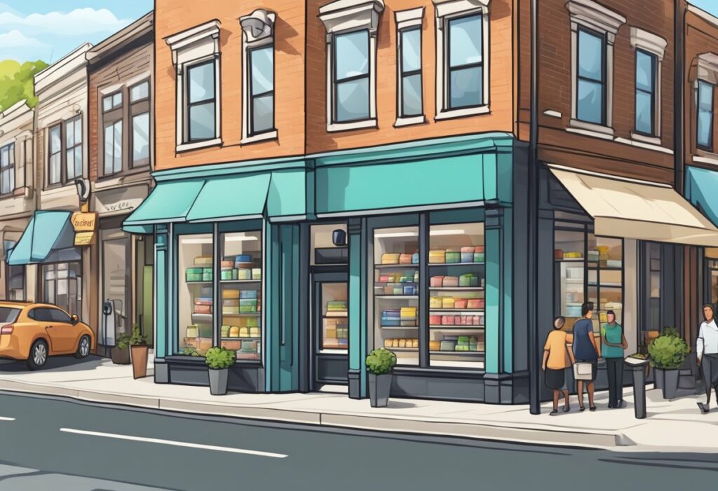 A small business storefront with a prominent sign, surrounded by other local businesses in a busy commercial area