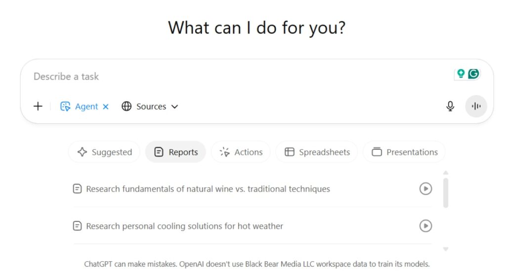 Google search box displaying "What can I do for you?" on the ChatGPT Agent Mode report selection settings page.