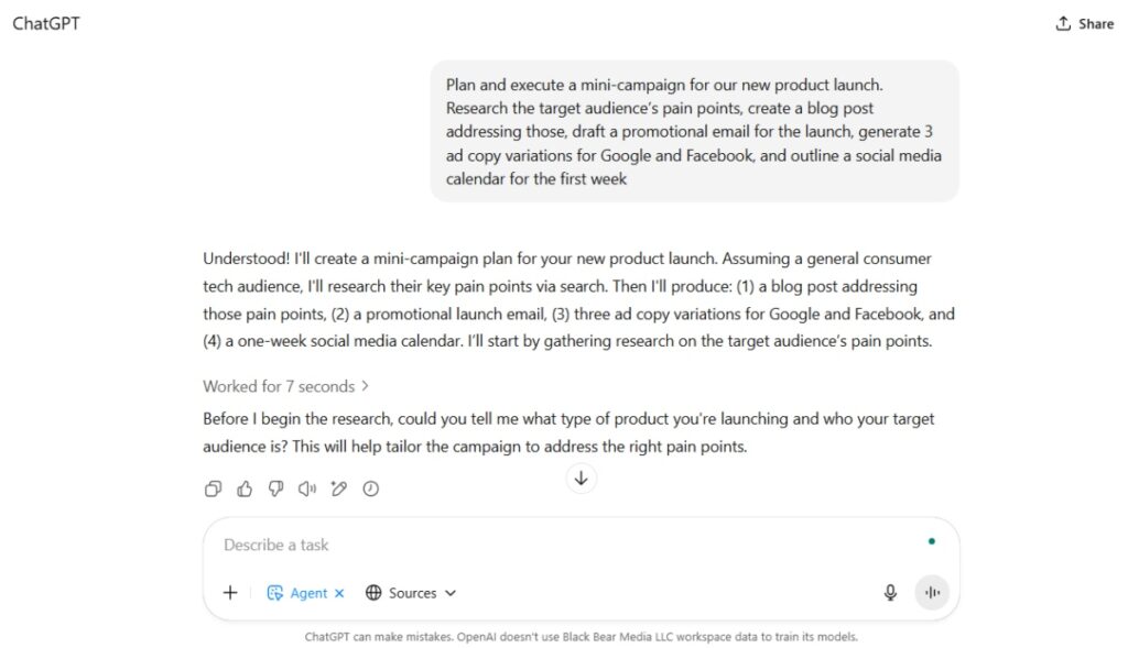 Sample prompt for an end-to-end campaign agent chain using ChatGPT, showcasing its capabilities in marketing strategy development.