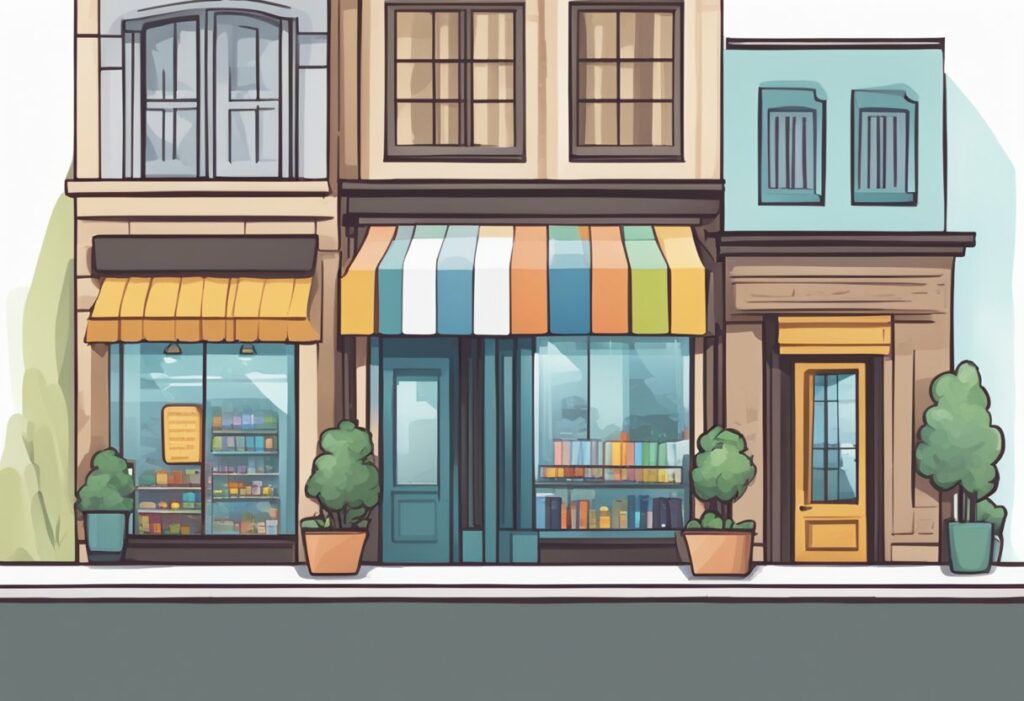 A small business storefront with a prominent local listing on a search engine results page, surrounded by other nearby businesses