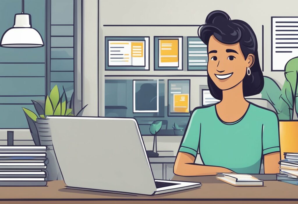 A small business owner smiling while reading positive customer reviews on their laptop. The business's location and logo are visible in the background