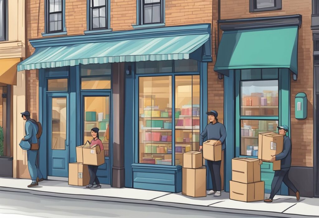 A small local business receiving a package from a neighboring business, with both storefronts prominently displayed