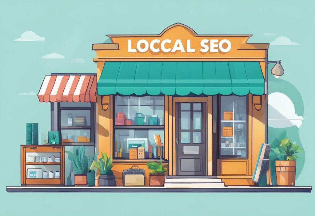 A small business storefront with a prominent "Local SEO" sign, surrounded by various tools and resources for optimizing online presence