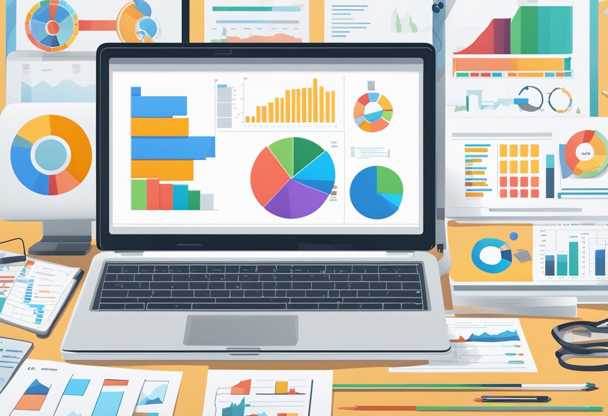 A laptop surrounded by various SEO tools and software, with charts and graphs displayed on the screen