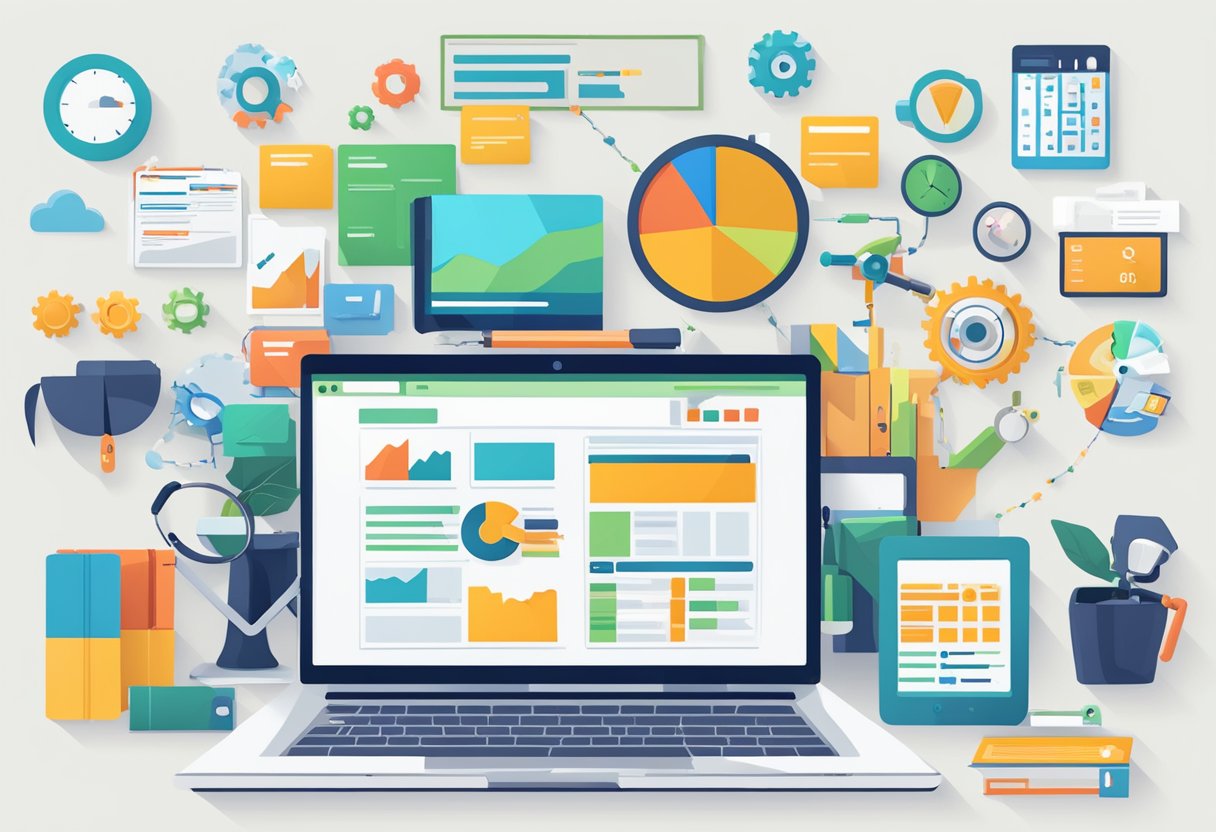 A laptop surrounded by various SEO-related items such as keyword research tools, content calendars, and analytics reports