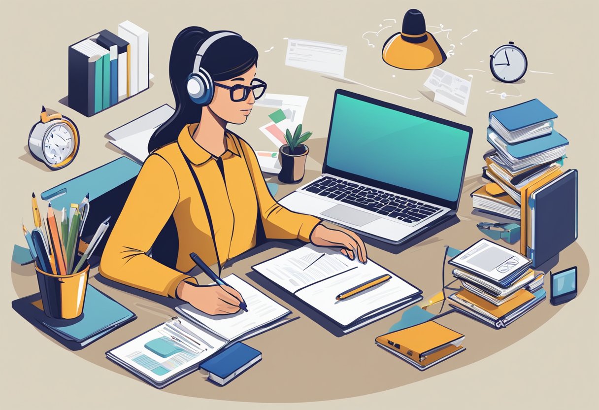 A person working at a desk, surrounded by open notebooks, a laptop, and various writing and editing tools. The person is focused and engaged in creating high-quality content for SEO purposes