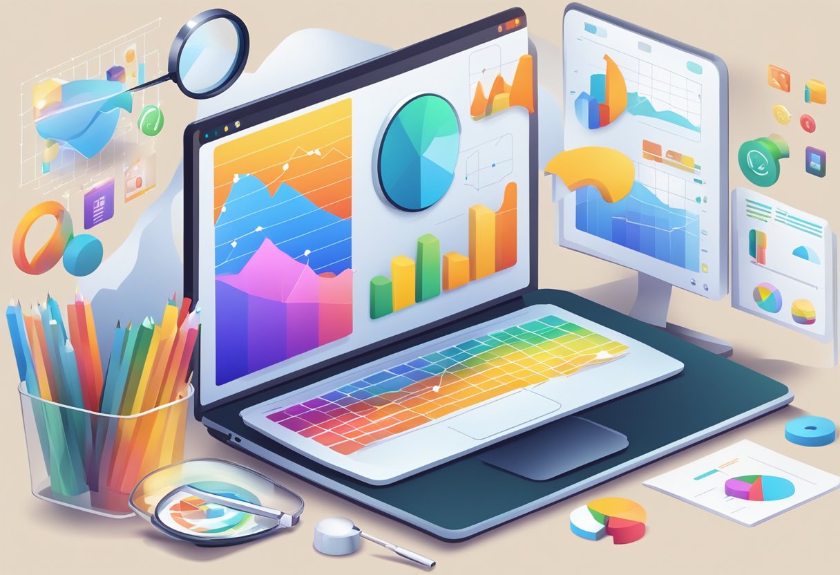 A laptop surrounded by colorful graphics, charts, and icons, with a magnifying glass hovering over the screen