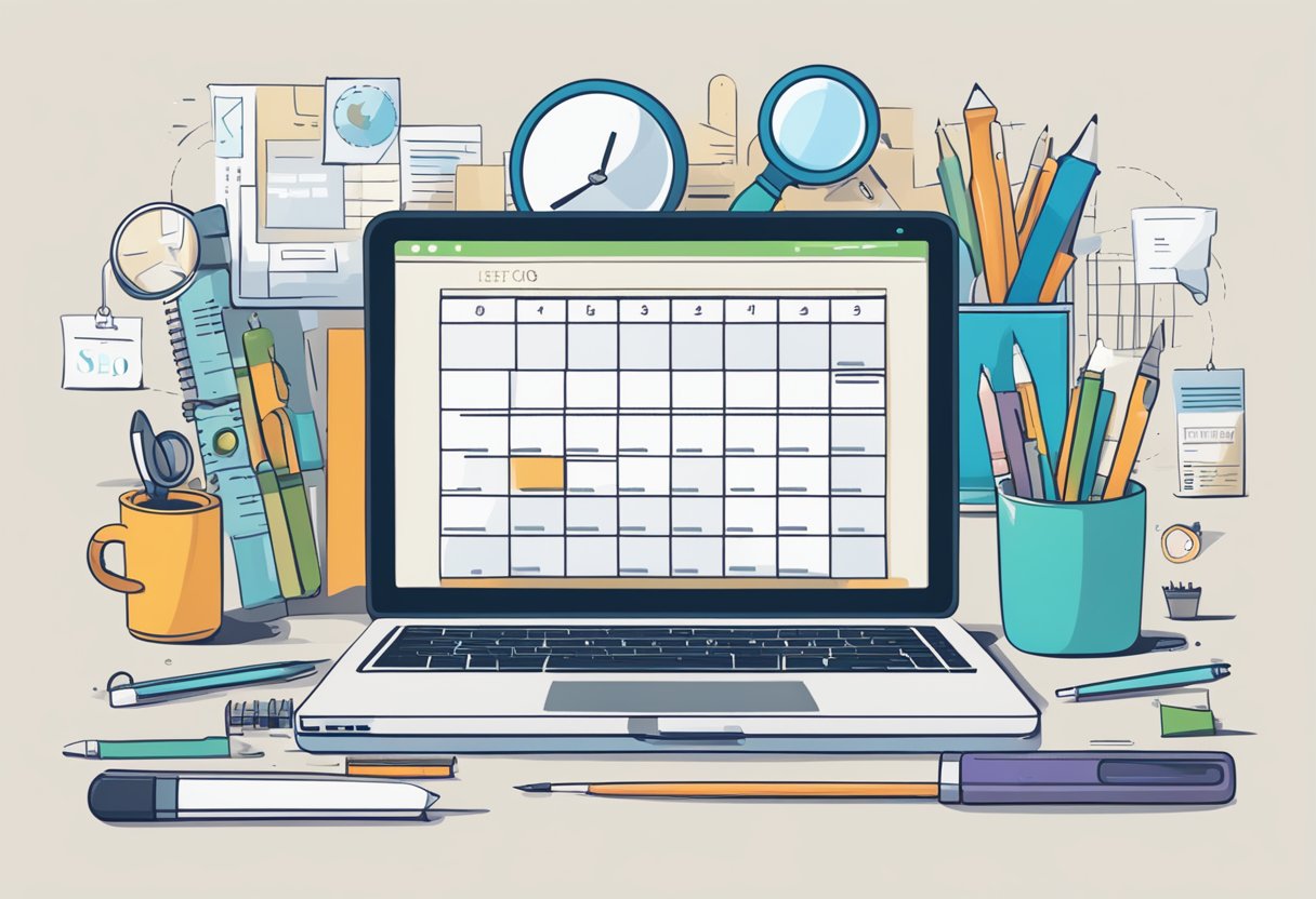 A laptop surrounded by various creative tools and elements, with a calendar marked "Regularly" and a magnifying glass highlighting "SEO"