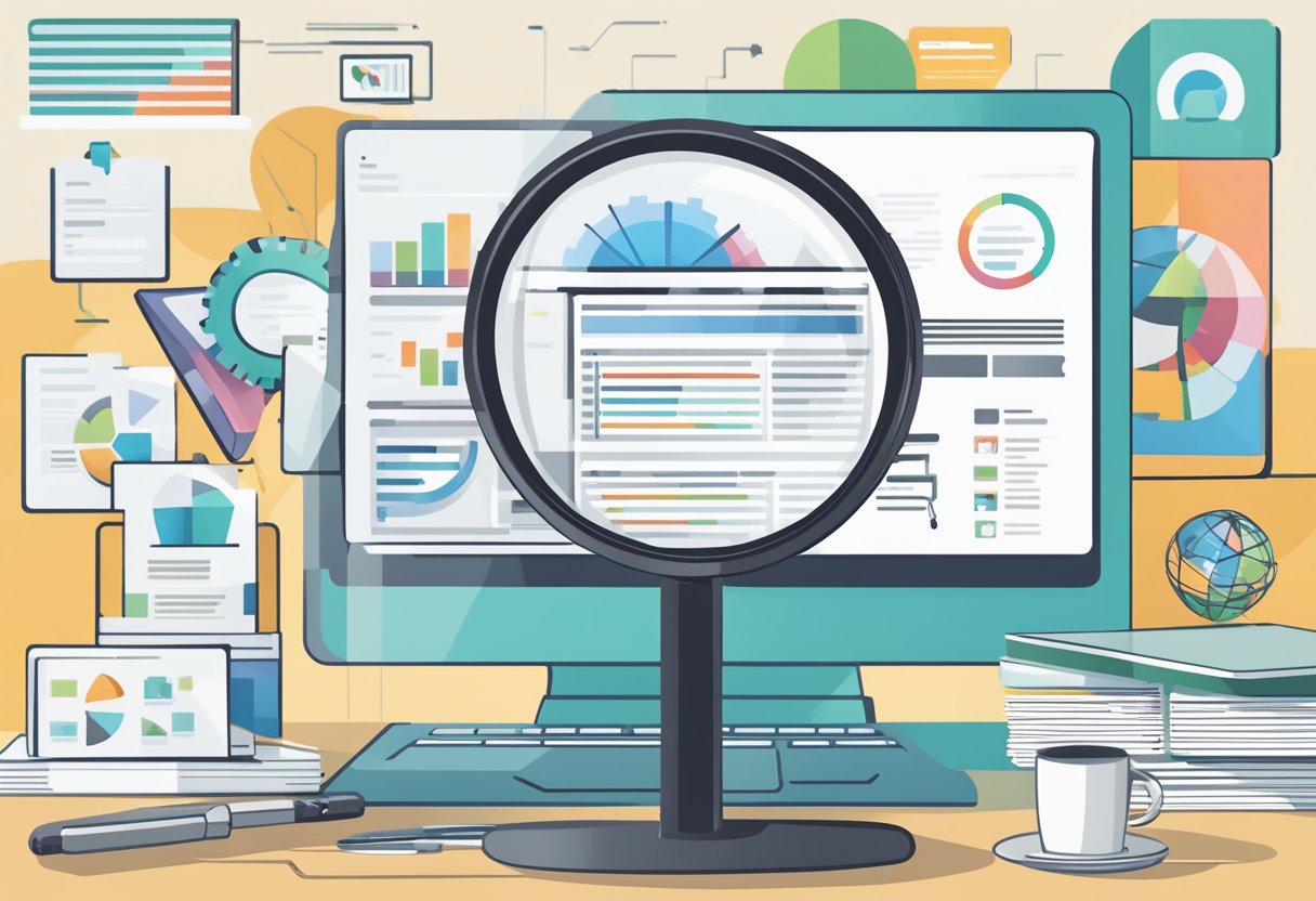A magnifying glass hovers over a computer screen, highlighting keywords related to content quality and SEO. Various tools and graphs surround the screen