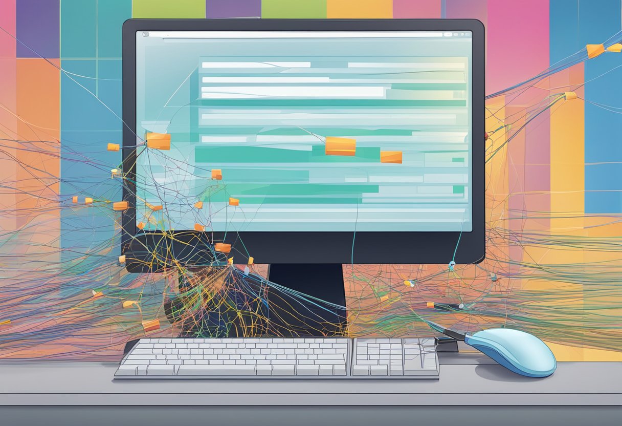 A computer screen with multiple error notifications and a tangled web of data connections
