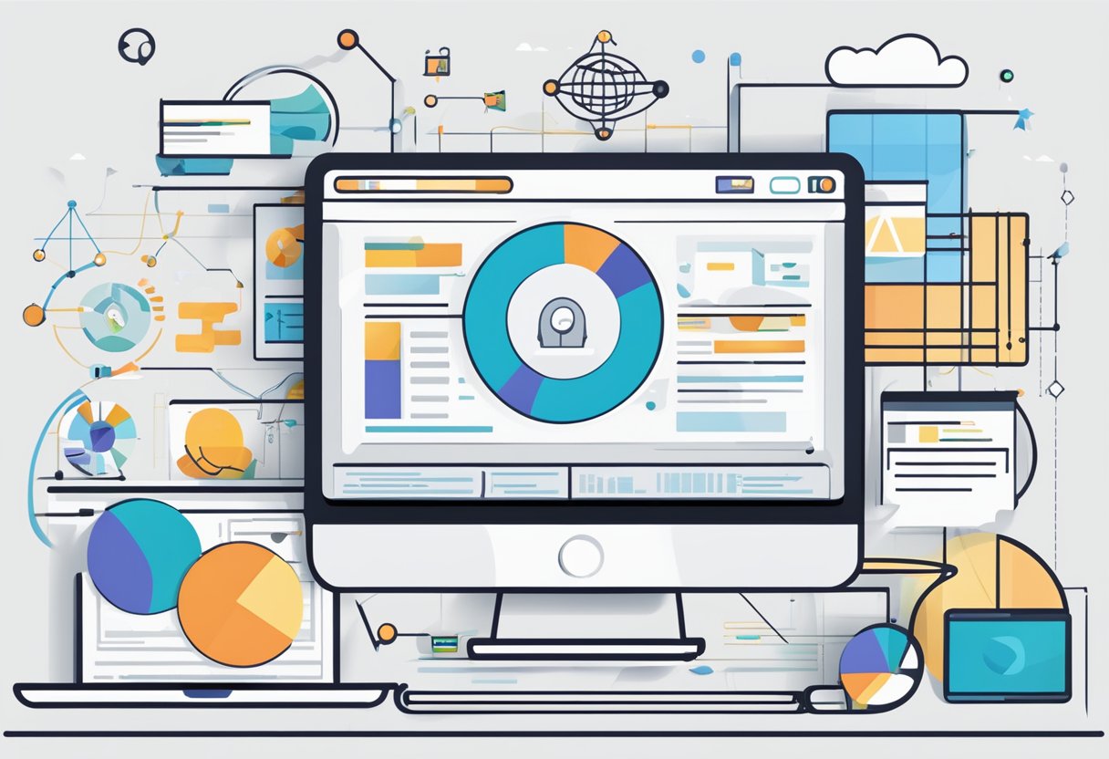 A computer monitor displaying a website's structured data markup, surrounded by SEO-related icons and graphs