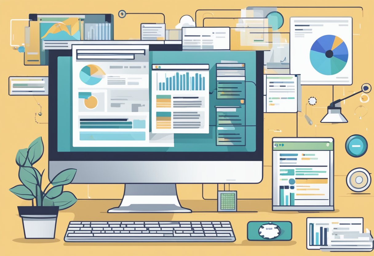 A computer screen displaying a website with structured data markup, surrounded by various SEO tools and analytics charts