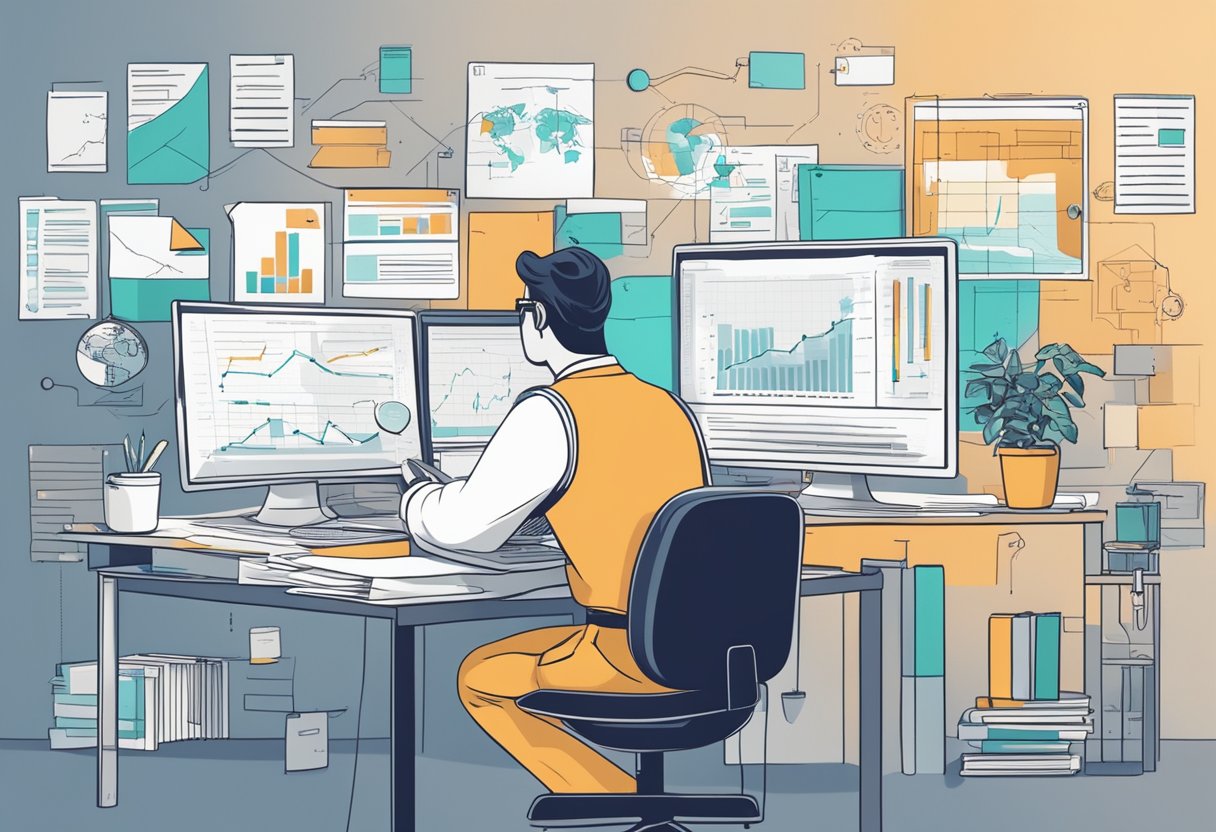 A person working on a computer, surrounded by various documents and diagrams, with a focused expression while troubleshooting markup issues for SEO